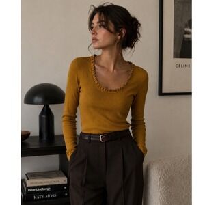 J. Crew Mustard Yellow Ribbed Ruffle Scoop Neck Long Sleeve Top Women Medium